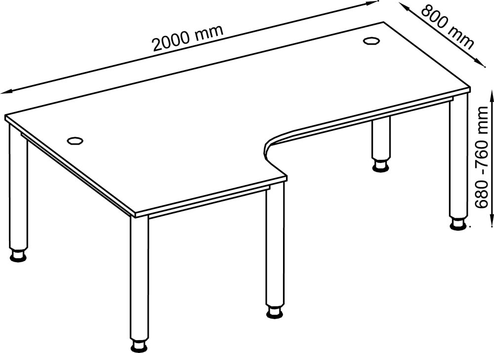 PC-Schreibtisch, BxTxH 2000x800-1200x685-810 mm, höhenverstellbar, 4-Fuß-Gestell, Platten-/Gestellfarbe buche/weißalu