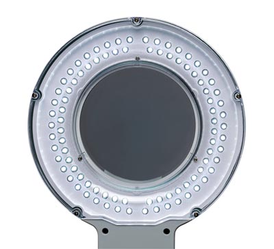 LED-Lupenleuchte, 3 Dioptrien, 1,75-fache Vergrößerung, Linsen-Durchm. 5 Zoll (127 mm), 90 LEDs, Höhe 420 mm, Klemmfuß, schwarz