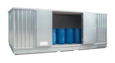 Umweltcontainer, verz., vormont., isol., Vol. 3x1200 l, für wassergefährdende Flüssigkeiten, BxTxH 5075x6560x2605 mm, Umluftheizung