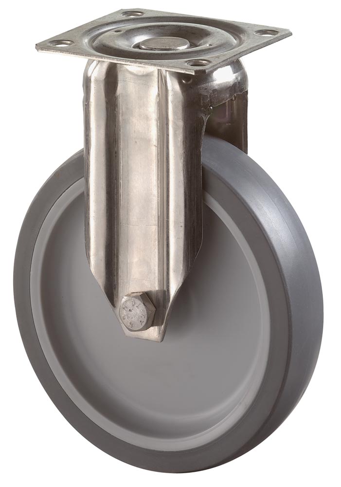 Edelstahl-Apparate-Bockrolle, thermopl. Gummi grau, Durchm. 100 mm, Traglast 60 kg, Gleitlager, Anschraubplatte