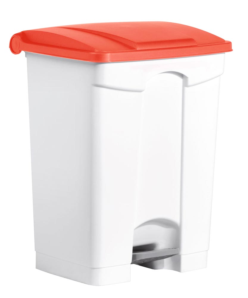 Kunststoff-Treteimer, Volumen 80 Liter, Behälter weiß, Deckel rot, BxTxH 500x500x710 mm