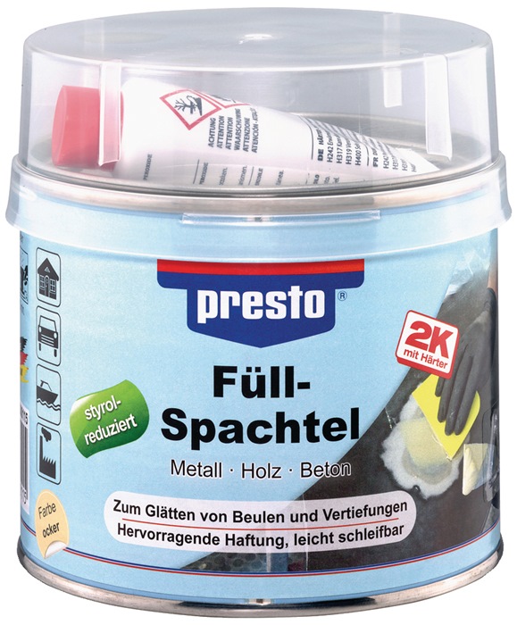 2K-Füllspachtel prestolith® plastic ocker,Härter rot 1000g Dose PRESTO