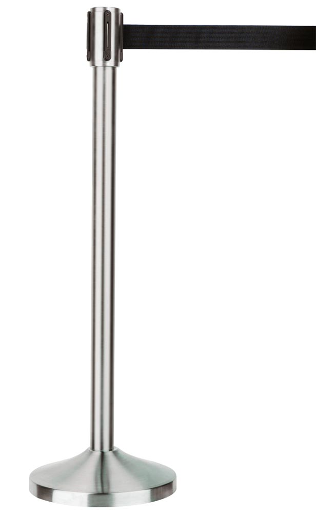 Gurtständer, Ausf. Edelstahl geb. m. schwarzem Gurt, Höhe 1 m, Fußdurchm. 0,32 m, Gurtlänge max. 3000 mm, Gewicht 12,5 kg