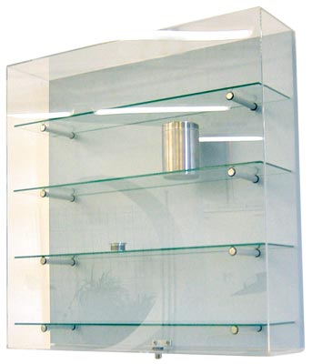 Wandvitrine, Ganzglas, Sichtböden oben/unten Dekor-Silber, 2 Dickglasböden, BxTxH 800x200x800 mm