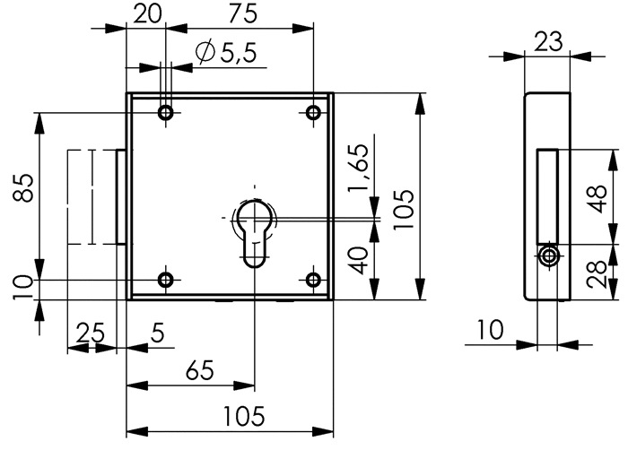 Gittertor-Riegelschloss 100 DIN re.PZ aufliegend 65mm AMF