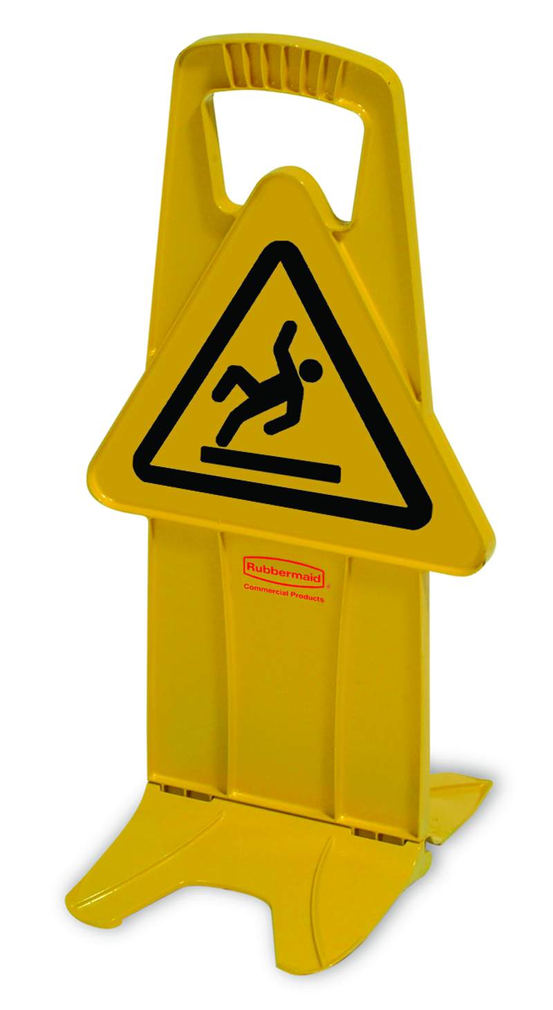 Rubbermaid Stabile „Vorsicht“-Bodenschilder Mehrsprachiges „Caution“- Sicherheitsschild (Vorsicht!), 66 cm, 2-seitig, gelb