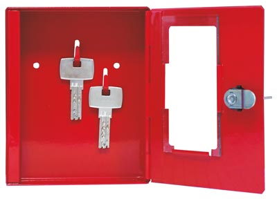Notschlüsselkasten ohne Klöppel, 2 Haken, auswechselbare Glasscheibe, Zylinderschloss, BxTxH 120x34x150 mm, rot