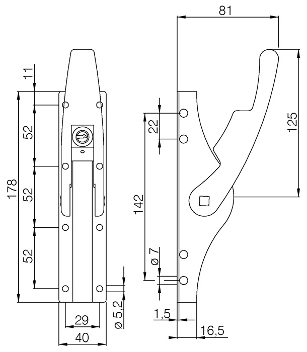 Tortreibriegel PLANO 16mm Schlaufenanzahl 4 LM hell verz.DENI