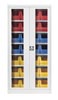 Flügeltürenschrank mit Sichtfenster, 7 Böden, bestückt, BxTxH 950x420x1950 mm, Kästen: 12x Gr. 3 rot, 8xGr. 3z blau, 12xGr. 3z gelb, RAL 7035/7035