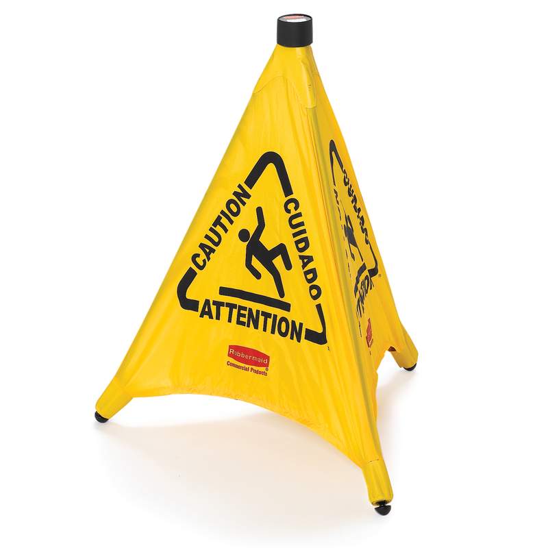 Rubbermaid Auffaltbarer, mehrsprachiger Bodenkegel „Vorsicht Rutschgefahr“, 50 cm, gelb