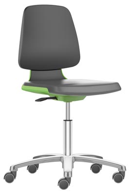 Arbeitsdrehstuhl mit Flex-Rückenlehne u. Sitzkante, Sitzschale grün, Sitz Supertec schwarz, Rollen, Sitz Höhe 450-650 mm