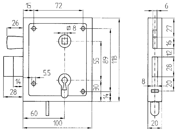 Universal-Kastenschloss DIN L/R BB hebende F 60mm BEVER