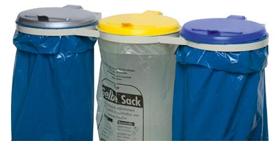 Abfallsammler 3-Fach, wandmont. kieselgrau, Deckelsilber, gelb und blau Kunststoff, BxTxH 1200x510x70 mm