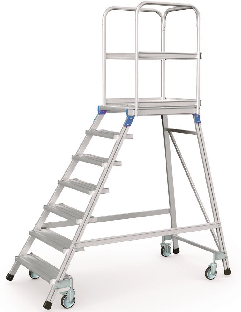 Podesttreppe fahrbar, einseitig begehbar, Podestgröße 600x800 mm, 7 Stufen inkl. Plattform, Standhöhe 1680 mm, Gewicht 41,8 kg