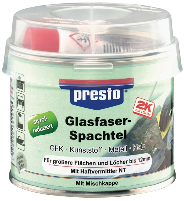 2K-Glasfaserspachtel prestolith® ext.grau-grün,Härter rot 250g Dose PRESTO
