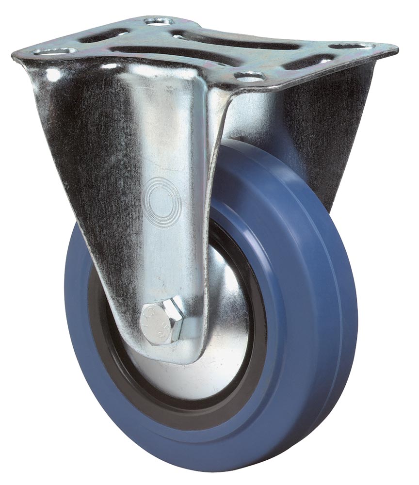 Transportgeräte-Bockrolle, Elastik-Vollgummi blau, Durchm. 160 mm, Traglast 300 kg, Rollenlager, Anschraubplatte