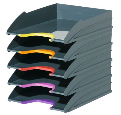 Briefablageschalen, grau/anthrazit mit verschiedenfarbigen Greifzonen, stapelbar, VE 5 Stück
