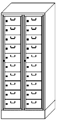 Wäscheschrank, Sockel, 2x10 Fächer und Haupttür mit Zylinderschloss, BxTxH 770x500x1850 mm, RAL 7035/5010