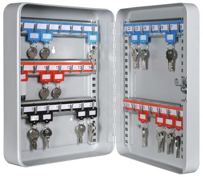 Schlüsselkassetten, Stahlblech, Raster-Hakenleisten, 35 Haken, Zylinderschloss, BxTxH 240x80x300 mm