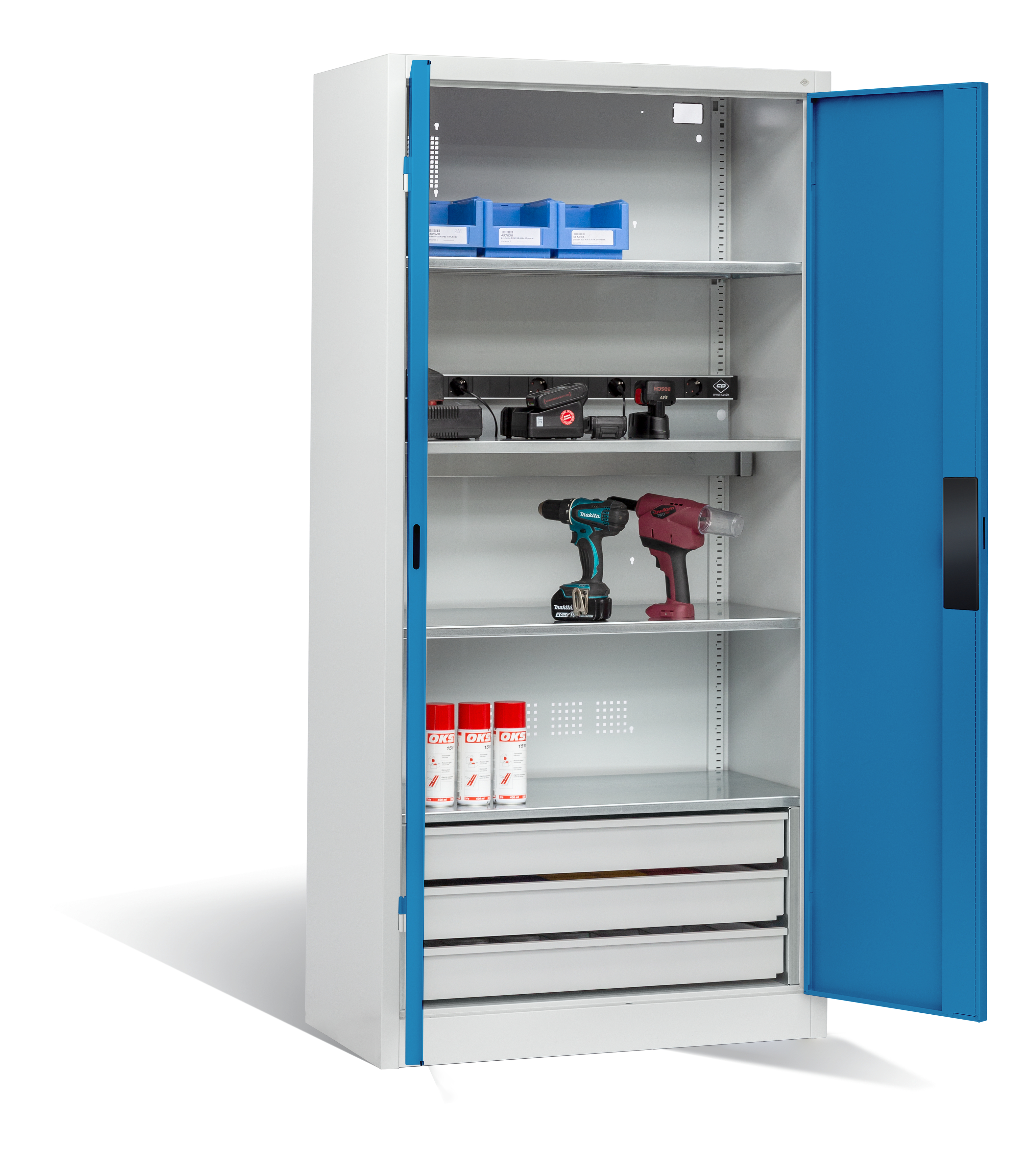 C+P Akkuladeschrank Serie 89, H1950xB930xT500mm, 7035/5012