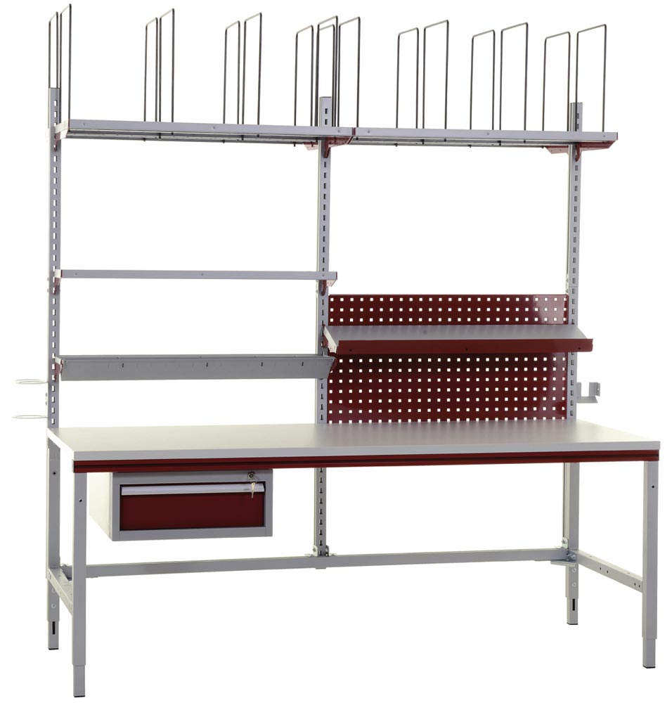 Packtisch-Set, manuell höheneinstellbar, BxTxH 2000x800x690-960 mm, weißaluminium/rubinrot, Set 1