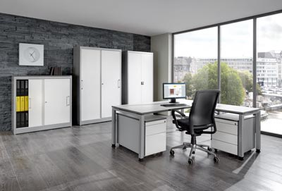 Schreibtisch, BxTxH 1600x800x680-760 mm, 4-Fuß-Gestell, Platte weiß, Umleimer Multiplex, Gestell reinweiß