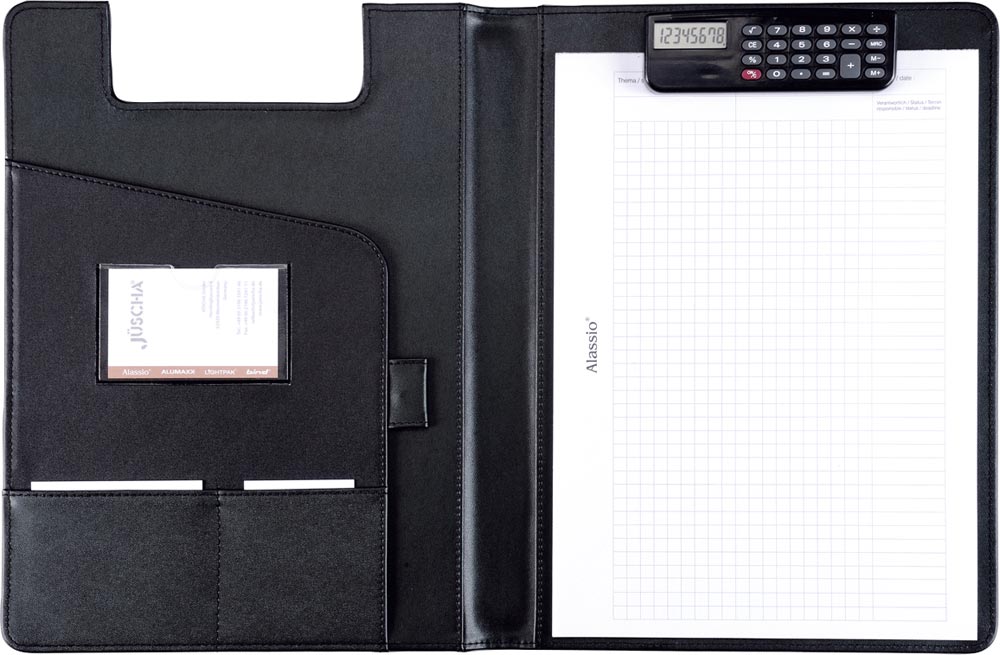 Schreibmappe A4, Lederimitat, Klemmbrett mit integriertem Taschenrechner, schwarz