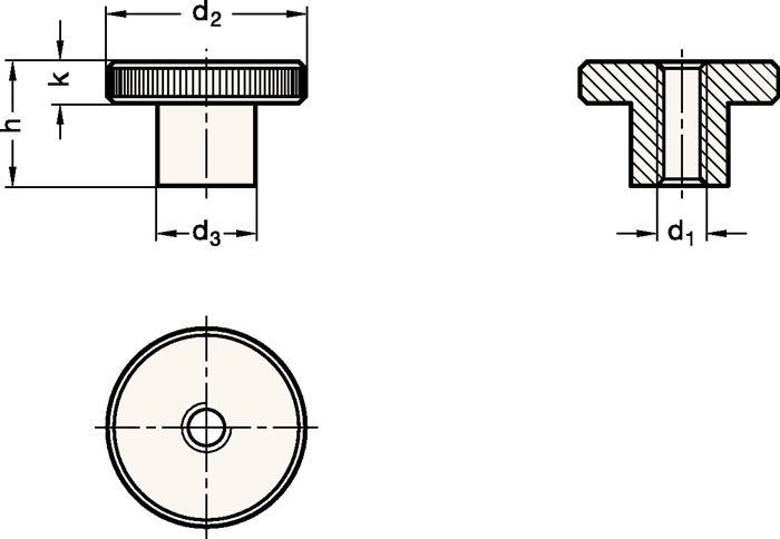 Hohe Rändelmutter DIN466 d1 M 6mm d2 24mm STA brün. Ganter