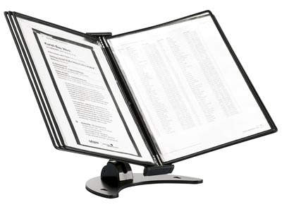 Sichttafel-Tischständer 3-D, 360 Grad drehbar, 5 DIN A4 PP-Tafeln, schwarz, Gewicht 2,2 kg