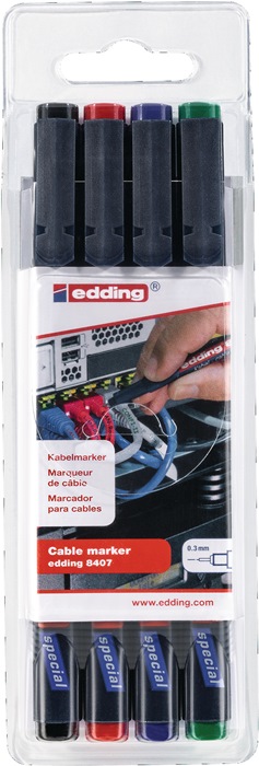 Kabelmarkerset 8407 schwarz/rot/blau/grün Strich-B.0,3mm Rundspitze EDDING