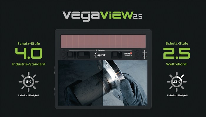 Schweißerschutzhelm Vegaview2.5 Batterielebensdauer ca.3000 h 90x110mm DIN 8-12