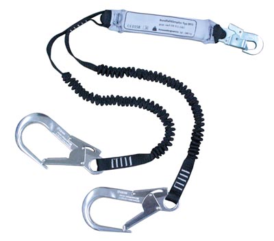 2-strängiges Verbindungsmittel, Länge 1,5 m, Bandfalldämpfer, flexibles Gurtband 30 mm breit, Alu-Rohrkarabinerhaken,(horizontale Verwendung zulässig)