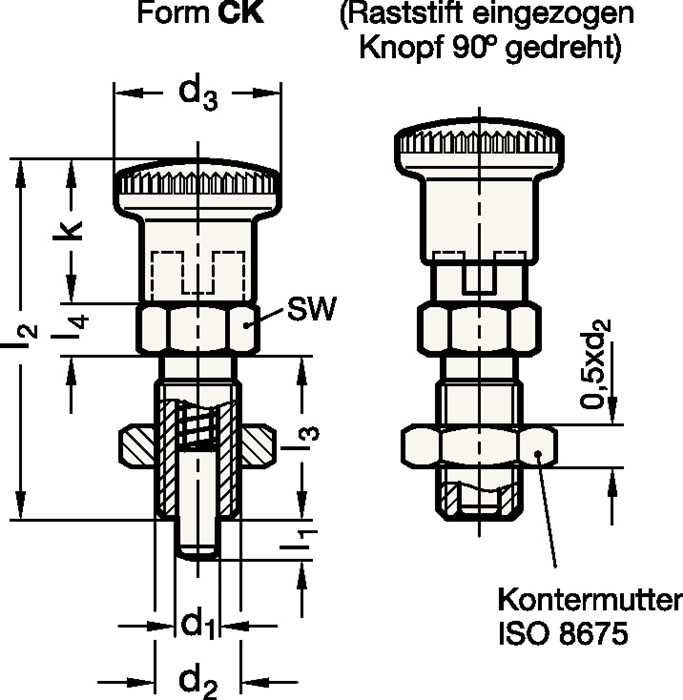Rastbolzen GN 817 d1 10mm d2 M16 x 1,5mm l1 12mm Stahl,o.Rastsperre,m.Kontermut.
