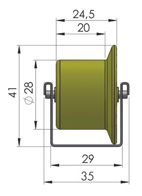 Röllchen-U-Leisten, Profil 26x29x26 mm, verzinkt, Kunststoffrolle mit Spurkranz, Durchm. 28/41 mm, Traglast 6 kg/Rolle, Achsabstand 50 mm