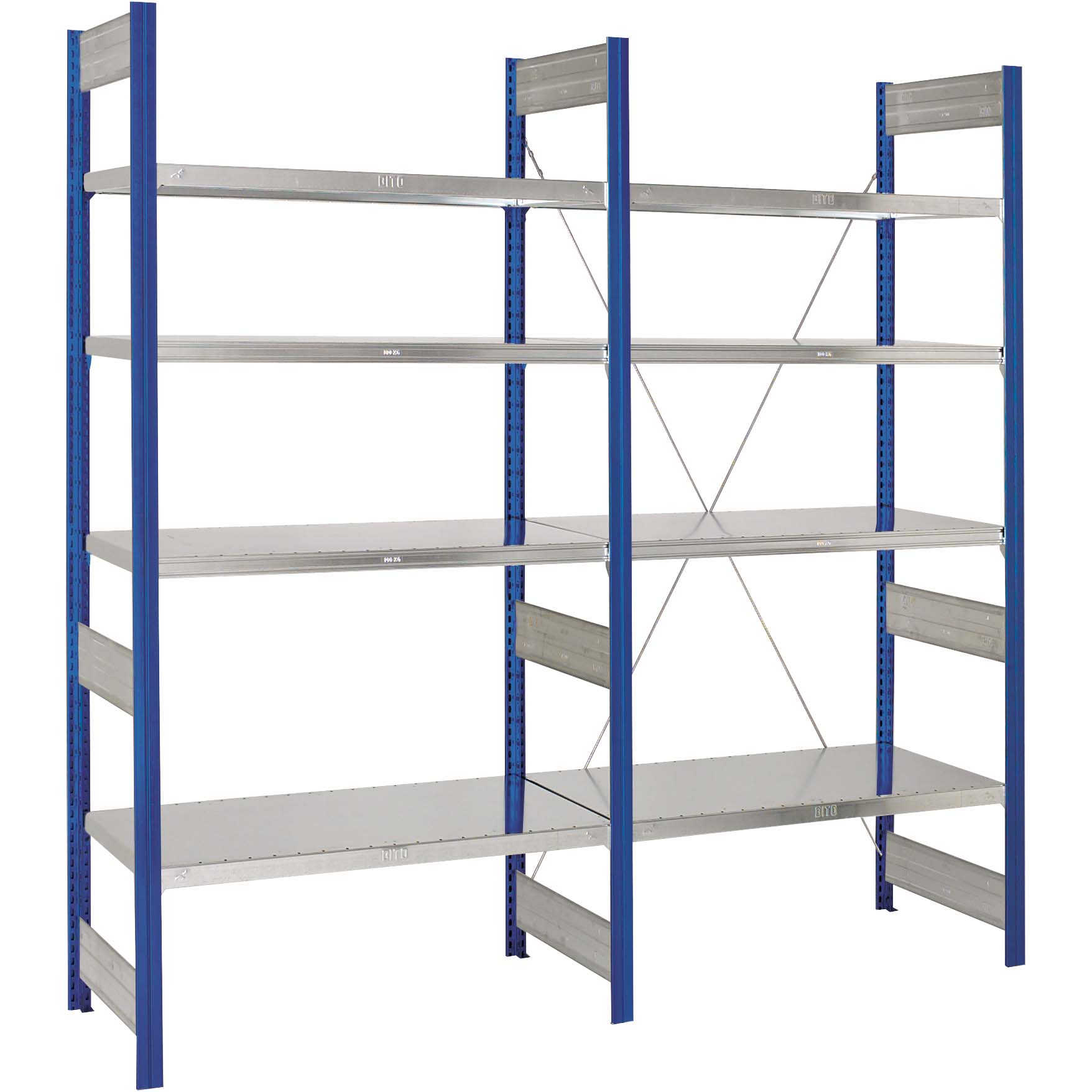 BITO Fachbodenregale Typ L - Fachlast 100 kg - Set aus Grund- und Anbaufeld, Stützen RAL 5010 Enzianblau, Set aus Grund- und Anbaufeld