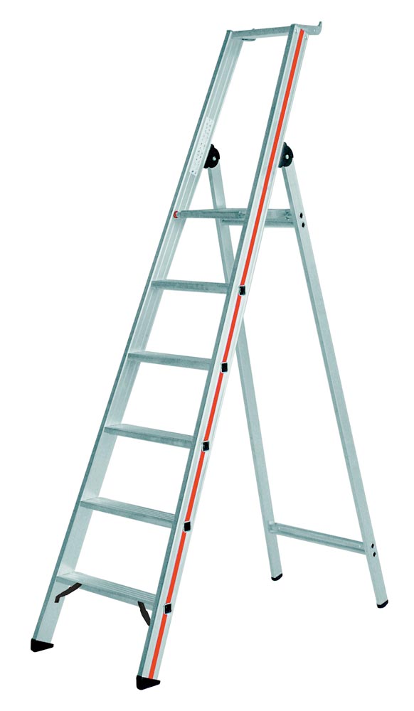 Stufen-Stehleiter mit Sicherheitsbrücke, einseitig, Ablageschale und Einhängemöglichkeit für Eimer, senk. Länge 2010 mm, 6 Stufen, Gewicht 7,6 kg
