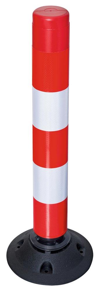 Flexibler Sperrpfosten aus Kunststoff, rund, Durchm. 100 mm, rot mit 2 weißen Ringen, zum Aufdübeln, inkl. Fuß, Höhe 760 mm