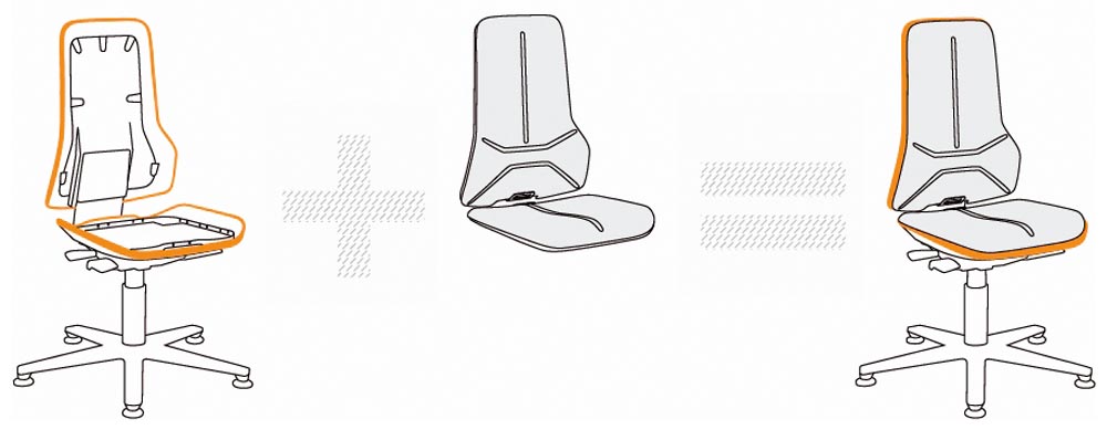 Arbeitsdrehstuhl, Permanentkontakt, mit Rollen, Flexband orange, Basisstuhl ohne Polster, Sitz Höhe 450-620 mm, DIN 68877