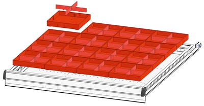Einteilungsmaterial-Set, 16 Boxen 153x153x75 mm, 16 große Trenneinsätze, 32 kleine Trenneinsätze für FH 100 mm, passend für Gehäusegr. BxT 731x753 mm