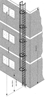 Einzügige Steigleiter, Stahl verzinkt, Steighöhe bis 9600 mm, Leiterlänge inkl. Ausstiegsholm 10700 mm