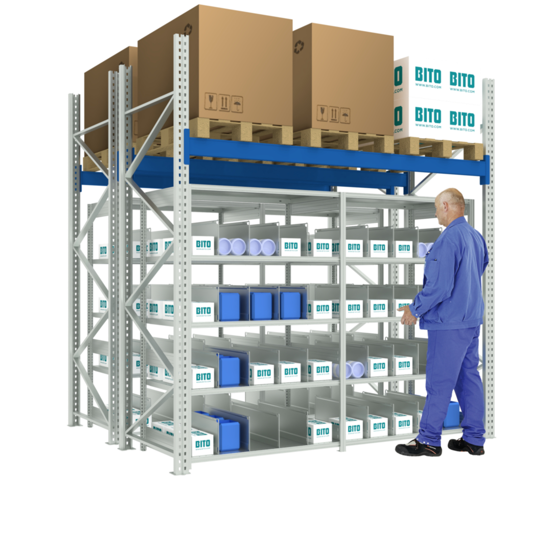 Fachbodenregale Typ L - Set aus 2 Grund- und 2 Anbaufeldern, Set aus 2 Grund- und 2 Anbaufeldern, Regalbauteile glanzverzinkt