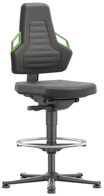 Arbeitsdrehstuhl mit autom. Gewichtregulierung, Sitz Supertec schwarz, Griffe grün, Gleiter u. Fußring, Sitz Höhe 570-820 mm