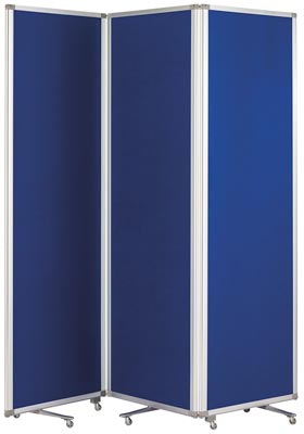 Falt-Stellwand, fahrbar, BxTxH 1810/600x370x1800 mm, Alurahmen, Filzoberläche blau, 3-tlg, klappbar