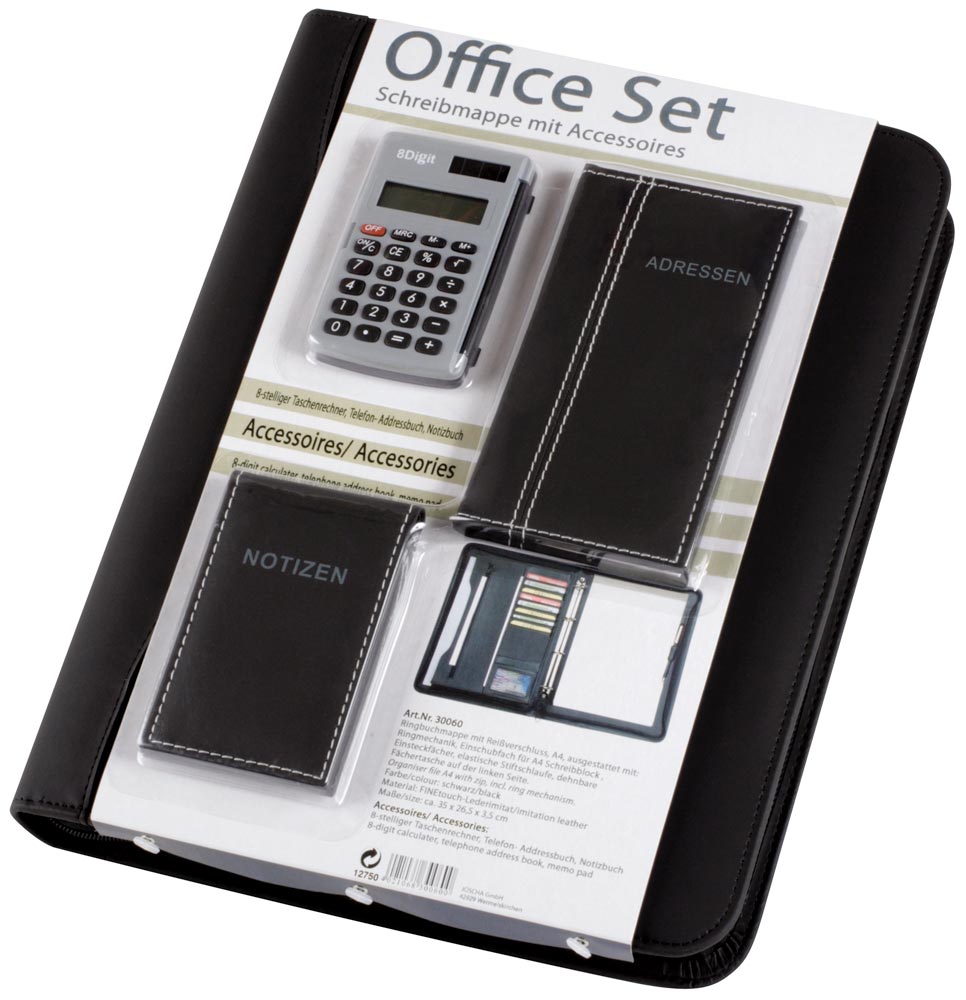 Office-Set, bestehend aus Ringbuchmappe, Taschenrechner, Adressbuch und Notizblocketui