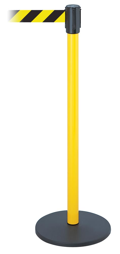 Rollgurtpfosten, Modell Safety, Pfosten gelb, 3,65 m Gurtband schwarz/gelb, 4-Wege System, Gurtbremse, Sicherungsclip