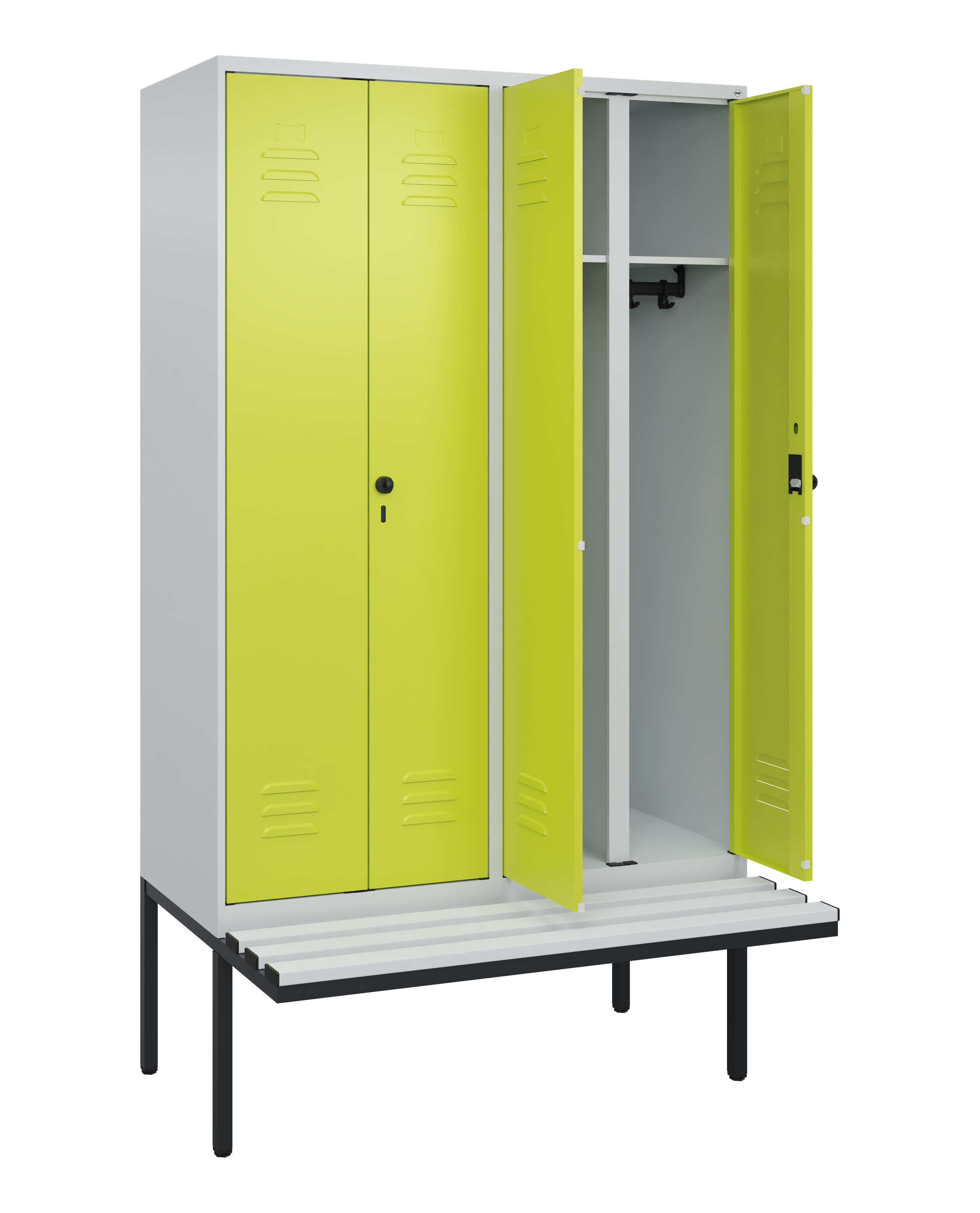 C+P Schwarz-Weiß-Spind Classic PLUS, Bank, 4 Abteile, 2120x1200x815mm, 7035/0024