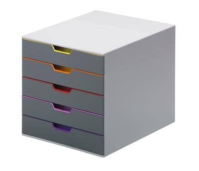 Schubladenbox, BxTxH 280x356x292 mm, 5 farbige Schubladen, aus ABS, inkl. Beschriftungsfenster