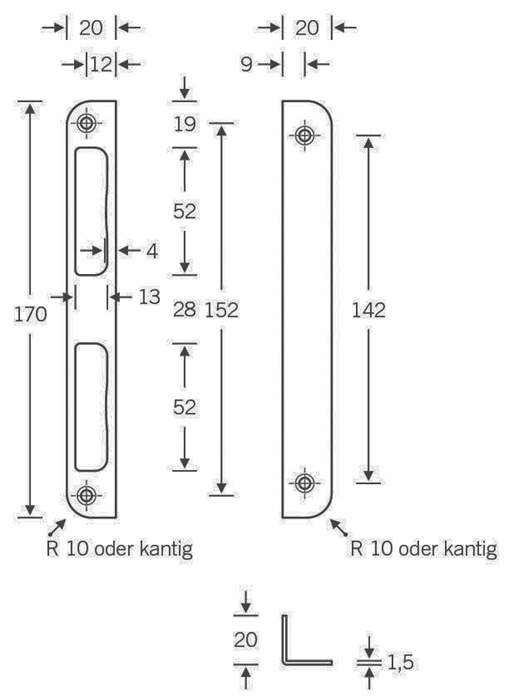 Winkelschließbl.Alu.silber Winkel B20xL170mm rd.T.8mm DIN L/R SSF