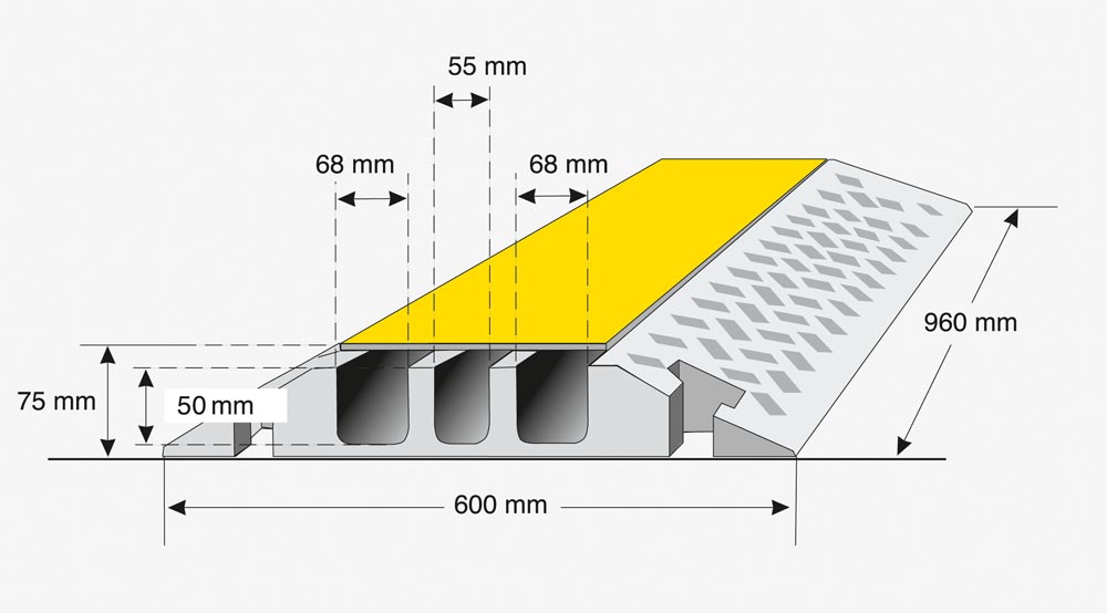Kabelbrücke mit 3 Kanälen, Farbe schwarz-gelb, Hartgummimischung mit Deckel LxBxH 960x600x75 mm