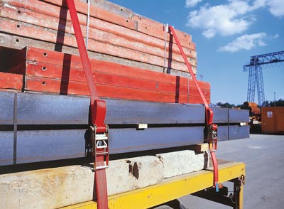 Zweiteiliger Zurrgurt, mit Rahmenhaken, 4000 daN zul. Zugkraft in der Umreifung, Gurtbreite 50 mm, Länge 8 m, Farbe orange, 4 Streifen, VE 2 Stück
